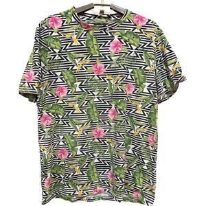 Coastal Hawaiian Tee Shirt Men Size M Green Pink Yellow Floral Short Sleeves